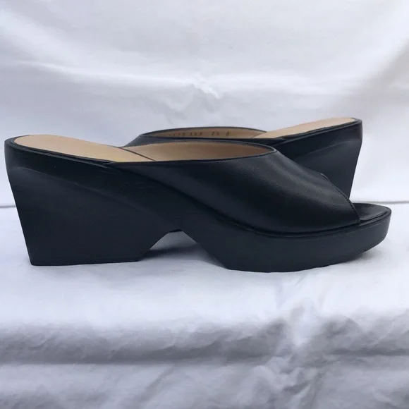 Ferragamo Wood & Leather Platform Peep Toe Slide/Mule w/3” Heel, Black - Picture 6 of 16